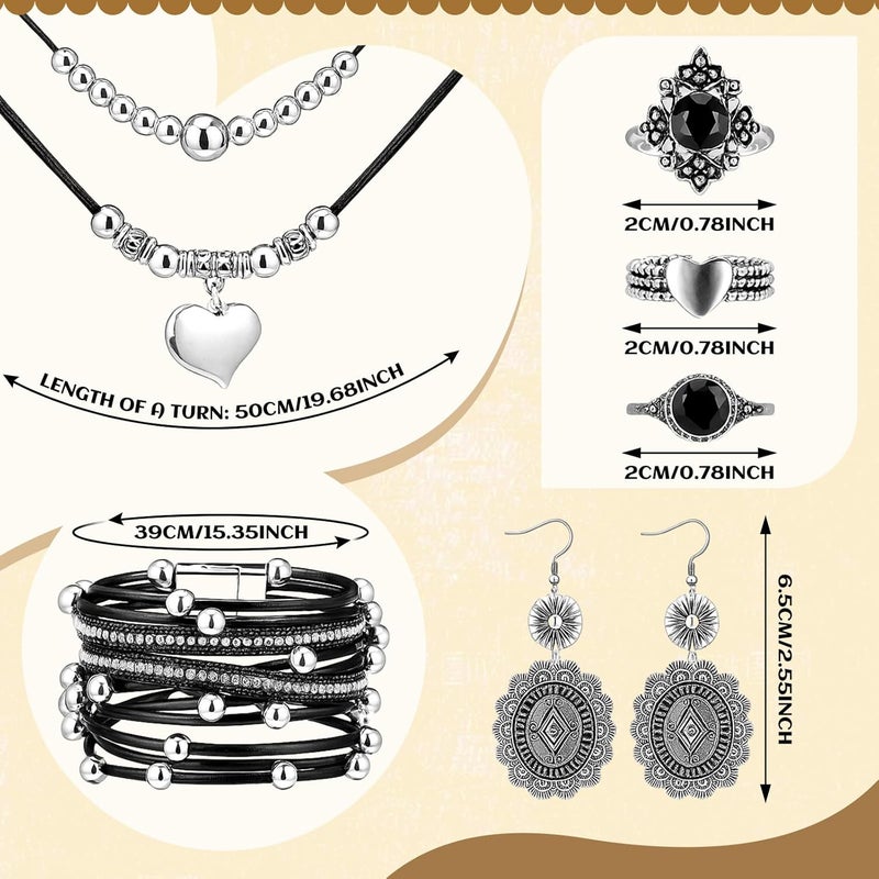 Ecally Store Bohemian Western Jewelry Turquoise Set Women Country Pendant Long Choker Layered Bracelets Earrings Ring for Women - Image 3